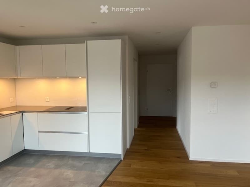 Empty kitchen and hallway area with white cabinets, a countertop, and wooden flooring. No furniture or appliances are present.