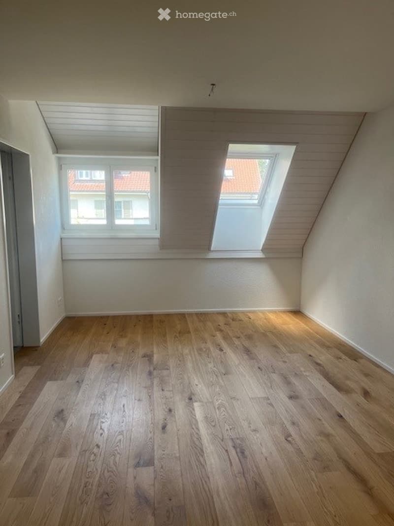 Empty attic room with wooden flooring, white walls, and two windows, one of which is a skylight.