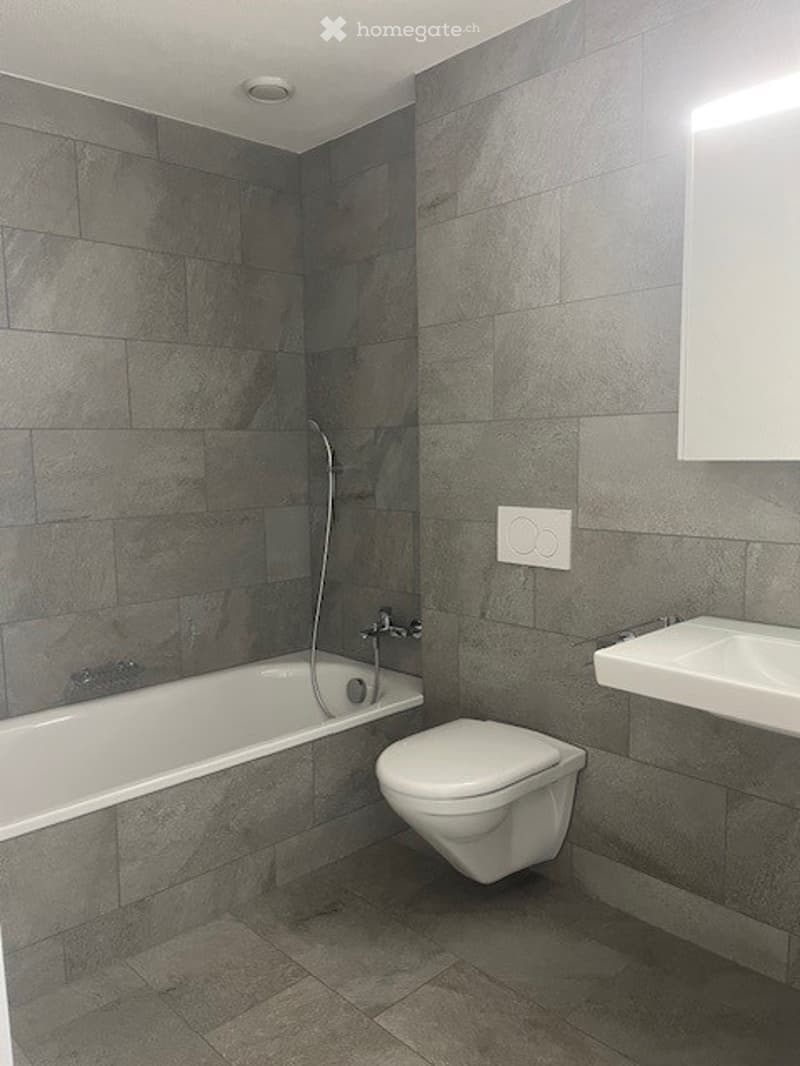 Modern bathroom with grey tiled walls and floor, featuring a bathtub, toilet, sink, and mirror.