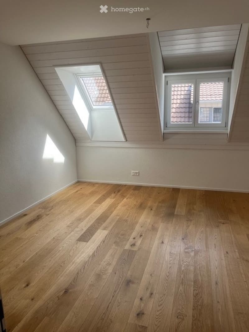 Empty attic room with wooden flooring, white walls, and skylight windows.