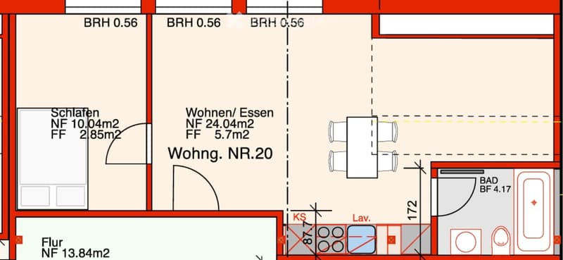 Floor plan showing a living/dining area (24.04m2), bedroom (10.04m2), hallway (13.84m2), and bathroom (4.17m2).