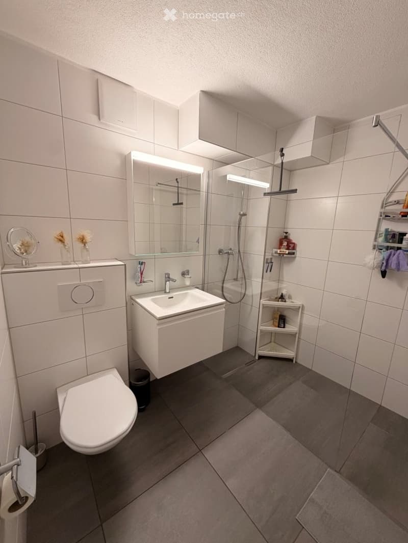 Modern bathroom with white tiles, a toilet, a sink with a mirror, a shower area, and a small shelf holding toiletries.