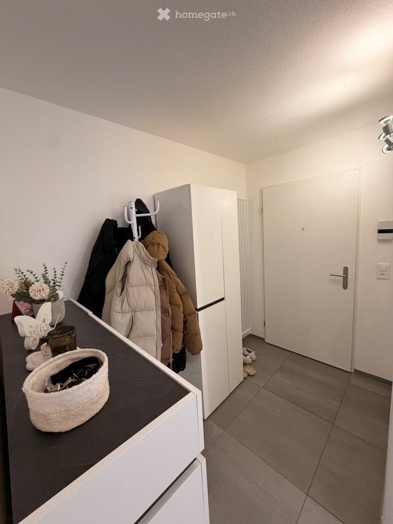 A small, modern hallway with a coat rack, a small table with a vase of flowers, a refrigerator, and a door leading to another room.