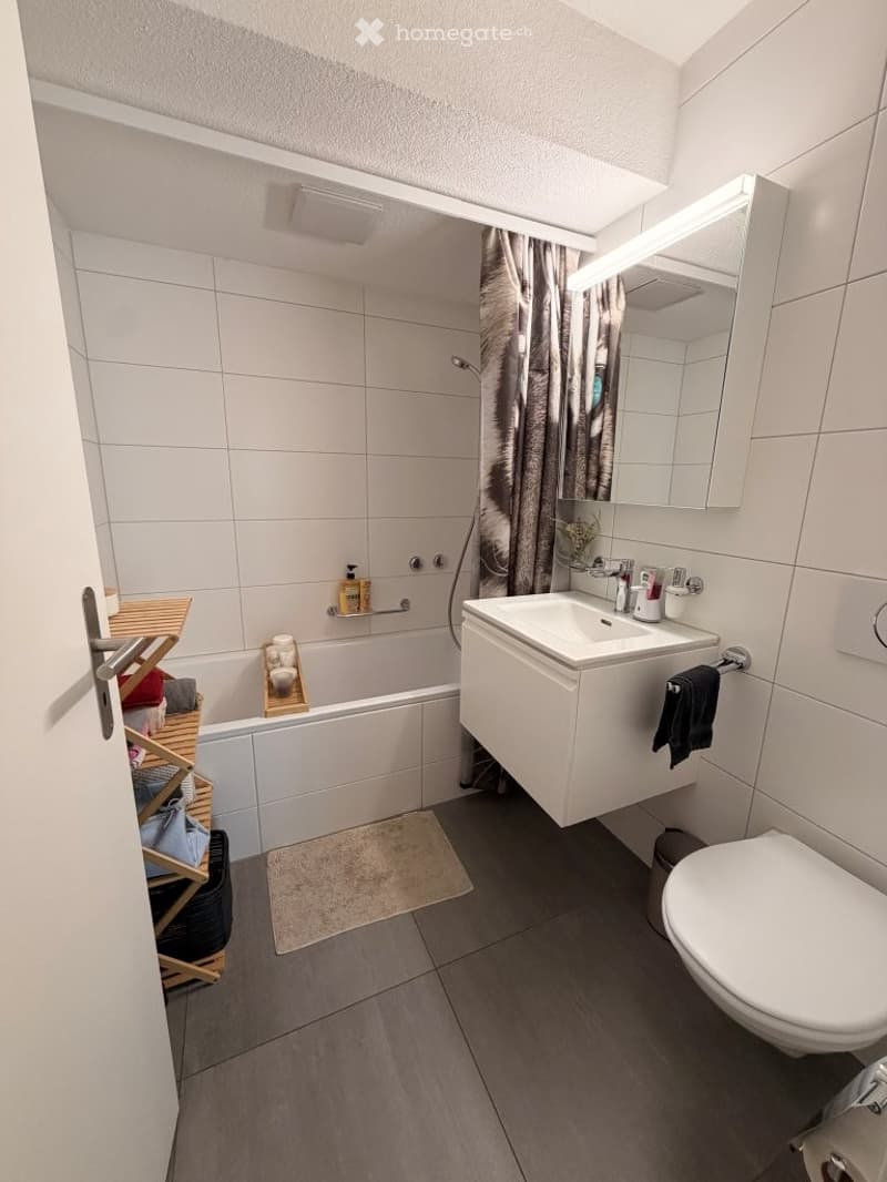 Modern bathroom with white tiles, a bathtub, a sink with a mirror, a toilet, and a towel rack. The space includes a wooden shelf with towels and a small rug on the floor.