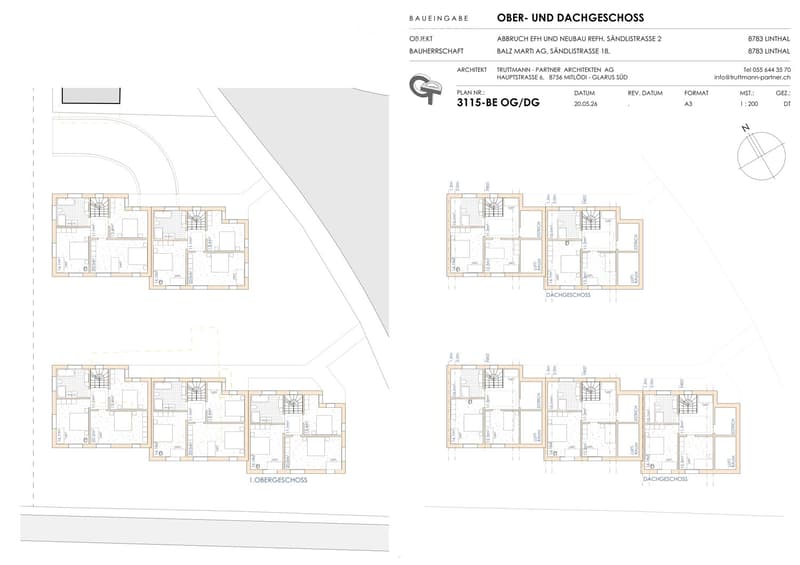 Floor plan of a multi-story building showing three levels: ground floor, upper floor, and roof floor. Layout includes multiple rooms, corridors, and staircases.