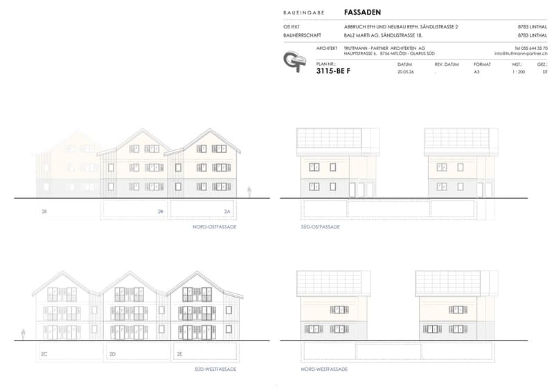 Architectural floor plan showing facades of three residential buildings with labeled views: Nord-Ostfassade, Süd-Ostfassade, Süd-Westfassade, and Nord-Westfassade. Each building has multiple windows and doors, with detailed annotations and measurements.