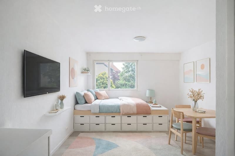A modern, compact bedroom with a built-in bed, storage drawers, a small dining table with chairs, a lamp, and decorative vases. The room features large windows with a view of greenery outside.