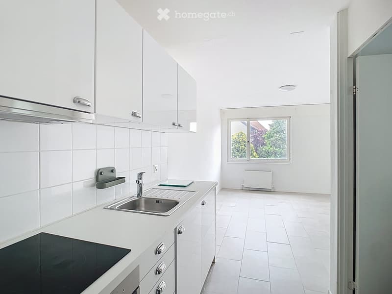 Modern kitchen with white cabinets, stainless steel sink, induction cooktop, and a window overlooking greenery.