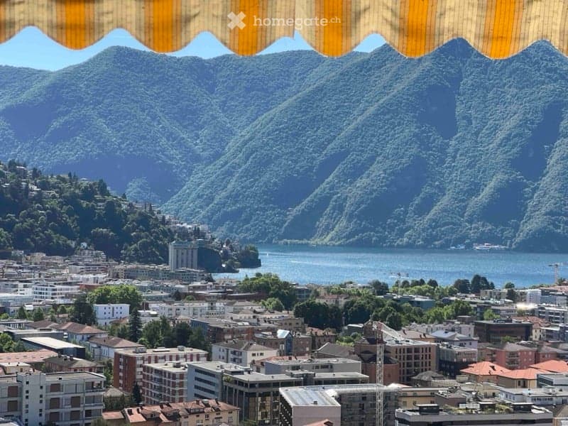 Panoramic view of a cityscape with mountains and a lake in the background, visible from a balcony or terrace.