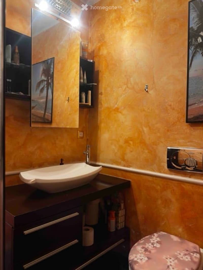 Bathroom with a modern sink, mirror, and cabinet. The walls are painted in a warm, orange hue, and there is a picture frame on the wall. A toilet is partially visible in the corner.