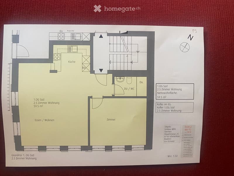 Floor plan of a 2.5-room apartment on the first floor, including a kitchen, living/dining area, bedroom, and bathroom.
