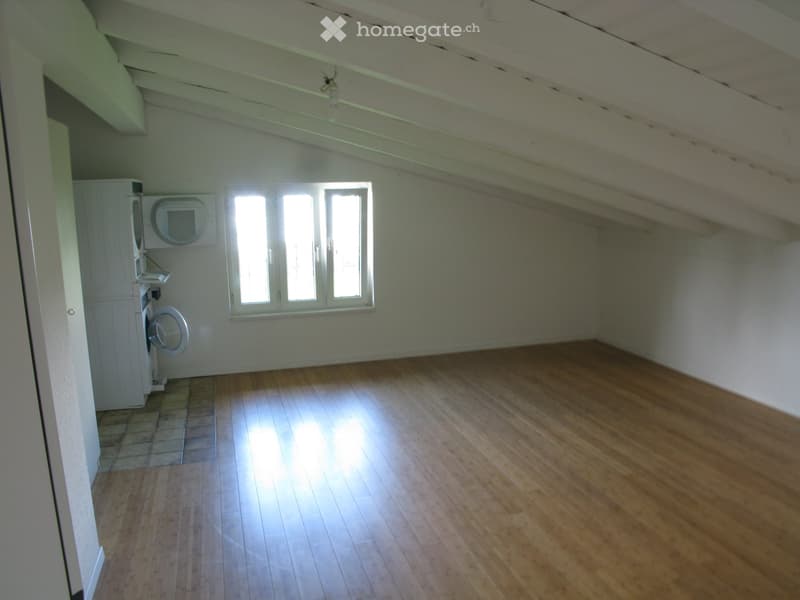 Empty attic room with wooden flooring, white walls, and a window letting in natural light. A small cabinet and a washing machine are visible in the corner.