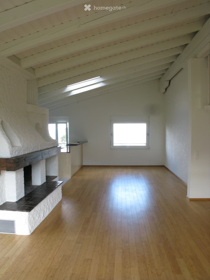 Empty attic space with wooden floors, white walls, exposed wooden beams, and skylights. Features a stone fireplace with a wooden mantel and a small window on the left side.