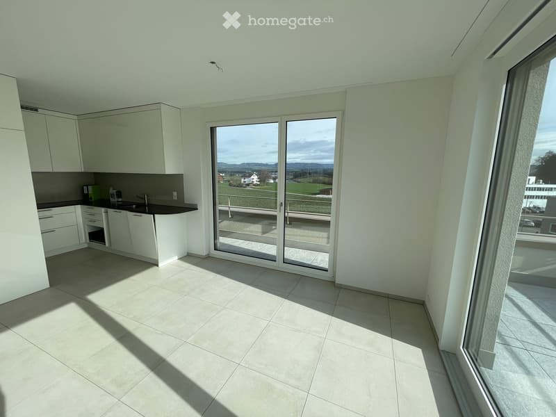 Modern kitchen with white cabinets, a sink, and large sliding glass doors leading to a balcony with a scenic view.