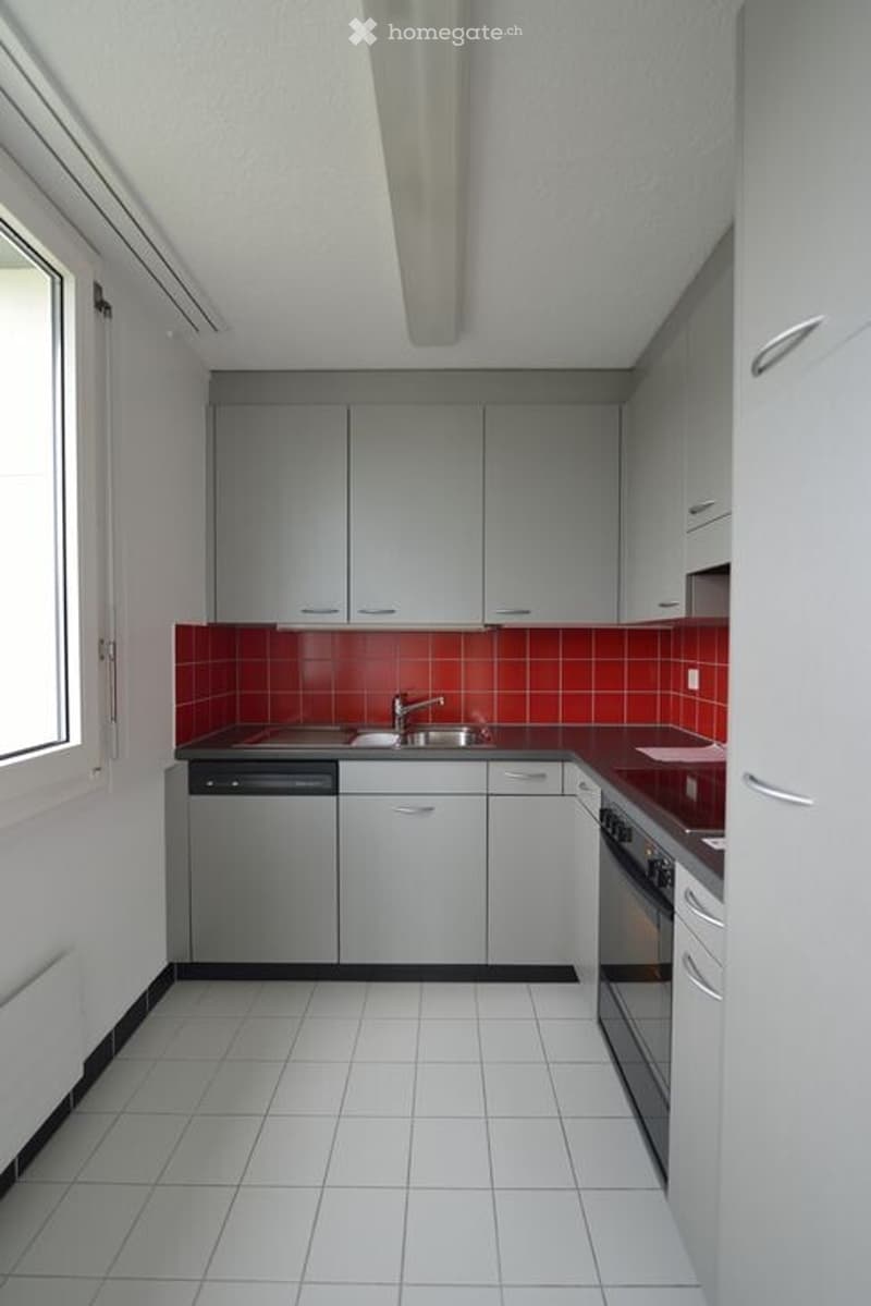 modern kitchen with white tiles, grey cabinets, red backsplash, stainless steel sink, black countertop, gas stove
