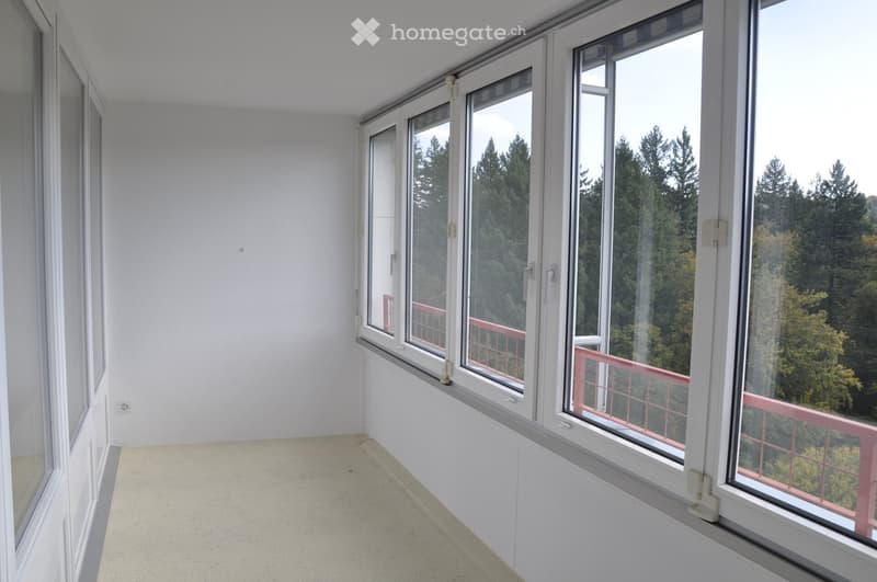 empty room, white walls, multiple windows with balcony