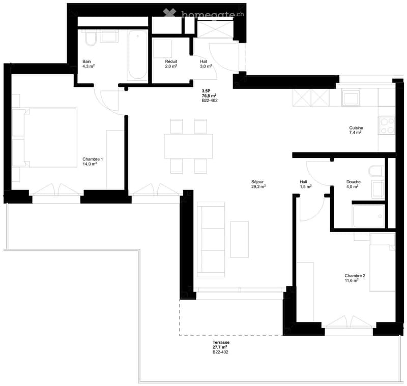 Floor plan of a 76.8 m² apartment with 3.5 rooms, including a living room (29.2 m²), two bedrooms (14.0 m² and 11.6 m²), a kitchen (7.4 m²), two bathrooms (4.3 m² and 4.0 m²), a hallway (3.0 m² and 1.5 m²), a small storage room (2.0 m²), and a terrace (27