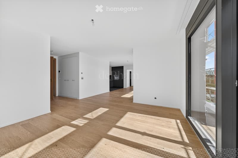 Empty hallway with light wooden flooring and white walls, featuring a large glass door leading to an outdoor area and a closed white cabinet.