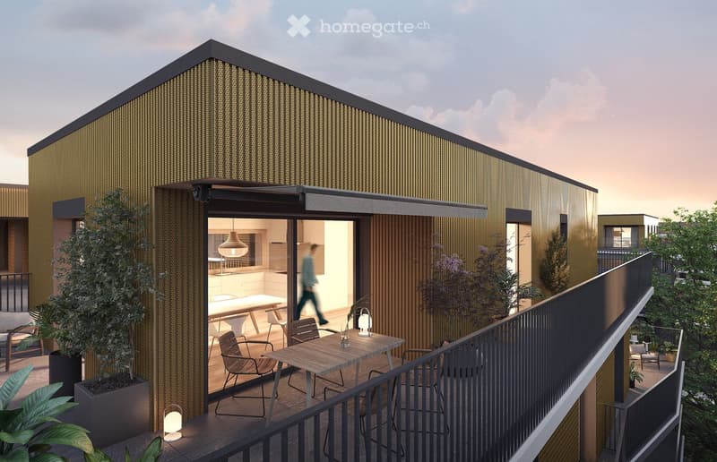 Modern rooftop terrace with wooden table, chairs, potted plants, and ambient lighting.