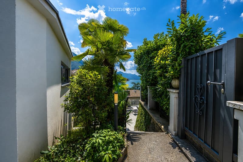 A lush garden area with palm trees, greenery, and a pathway leading to a gated entrance, with a scenic view of mountains and water in the background.