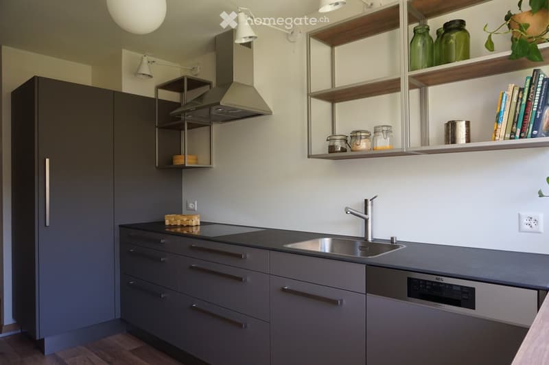 Kitchen. Modern kitchen with grey cabinets, stainless steel sink, dishwasher, and open shelving with jars and books.