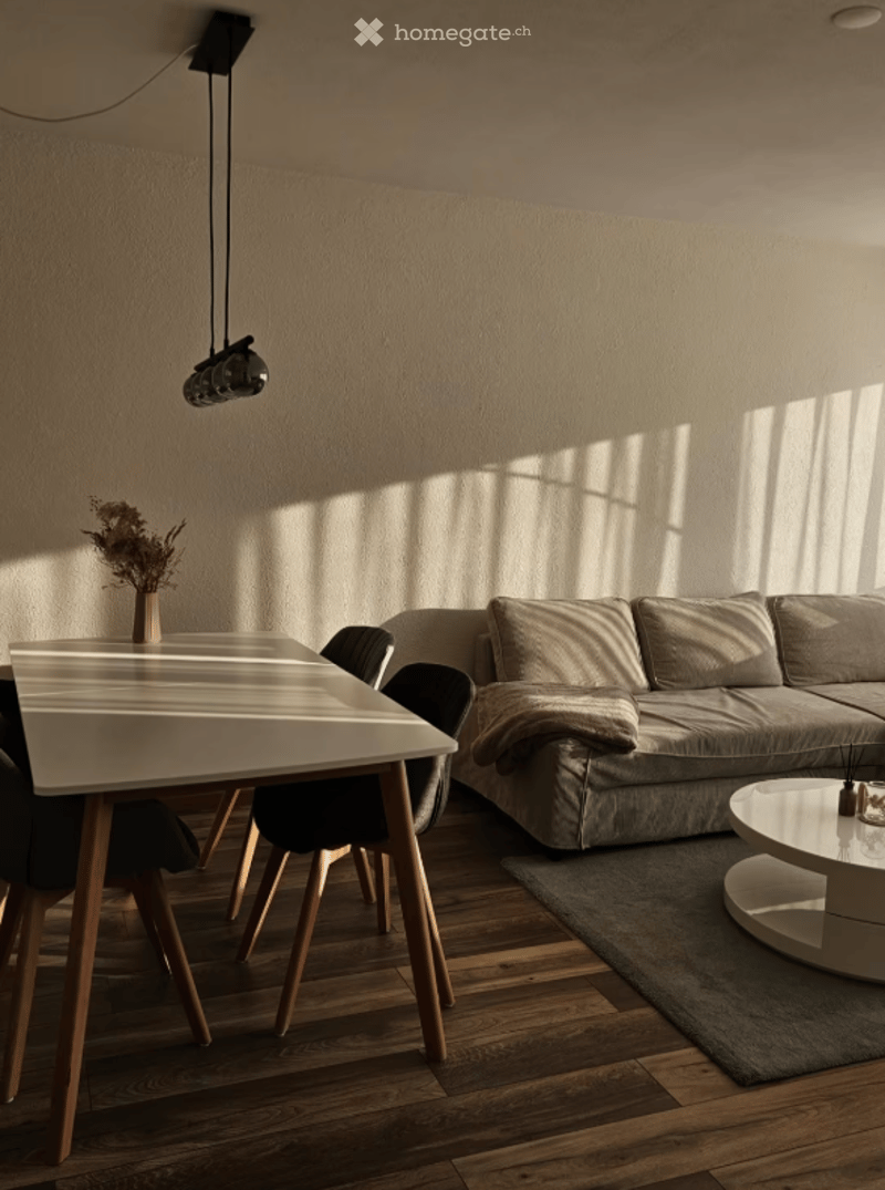 Furnished Room. Modern living room with a grey sofa, coffee table, dining table, chairs, and a floor lamp. Sunlight streams through the window, casting shadows on the wall.