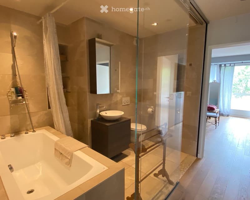 Modern bathroom with a bathtub, sink, toilet, and a glass-enclosed shower area. Features a dark wooden vanity with a sink, a mirror cabinet, and a towel rack. The space is well-lit with recessed lighting and has a view into an adjacent room through an ope