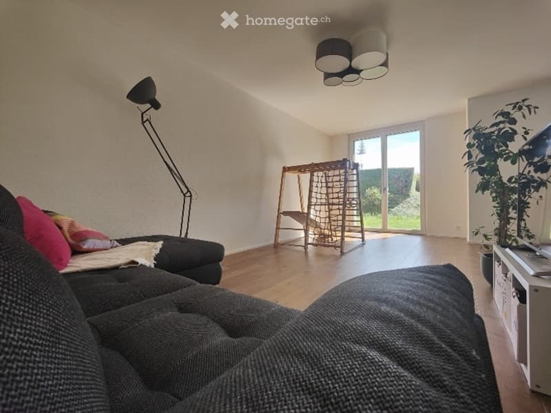 Modern living room with wooden flooring, large windows offering a view, a black sofa with colorful cushions, a floor lamp, a TV stand with a plant, and a small play structure visible through the glass door.