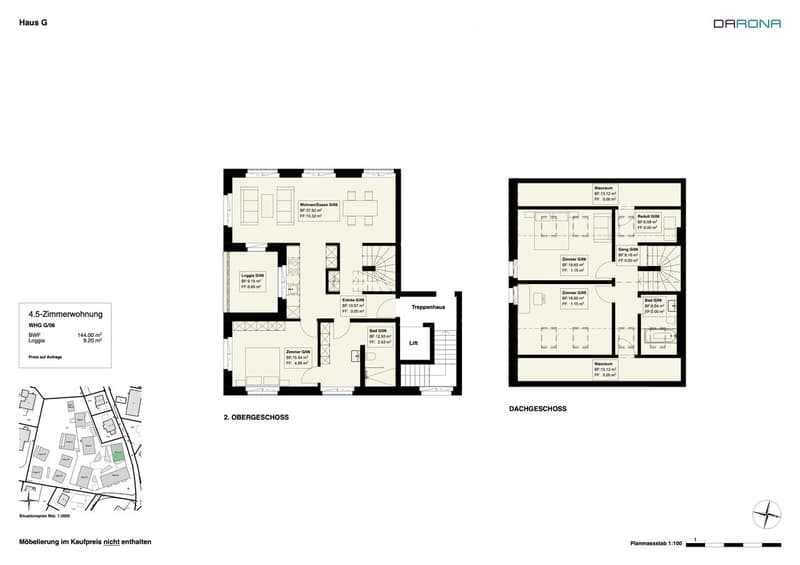 4.5-room apartment, living room, kitchen, 4 bedrooms, 2 bathrooms, terrace, storage room, entrance hall, lift