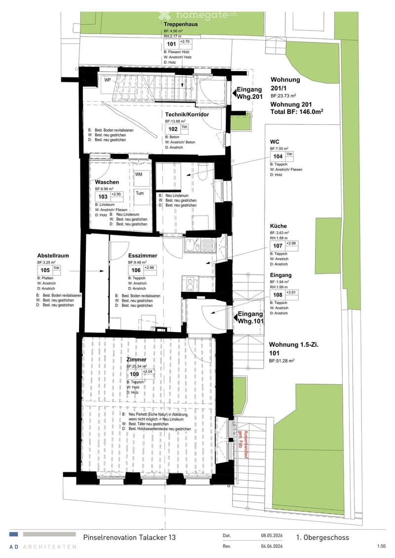 Floor plan of a residential unit on the first floor, showing rooms including a living room, kitchen, bathroom, and bedroom, with labeled dimensions and material specifications.