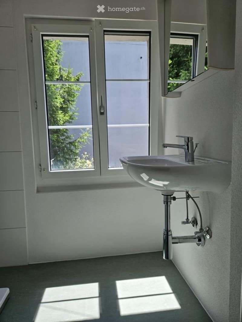 Modern bathroom with a white sink, chrome faucet, and large windows allowing natural light to fill the space.