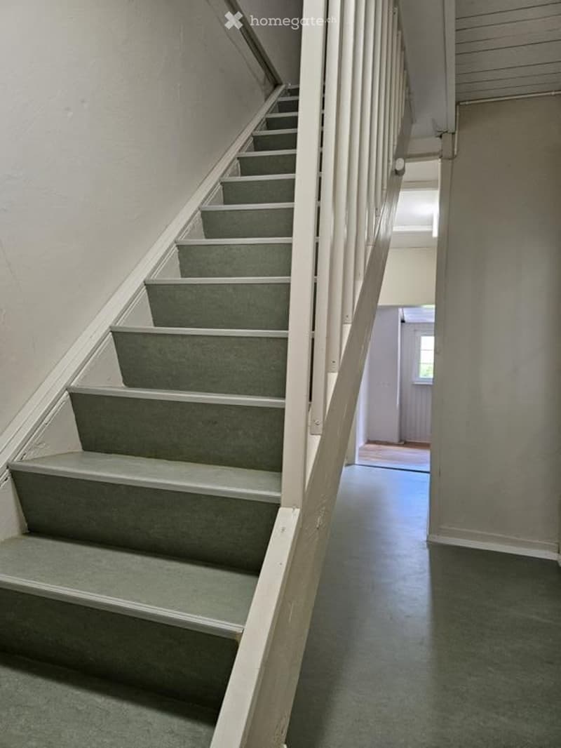 A narrow hallway with a staircase leading upwards, featuring grey carpeted stairs and white walls.