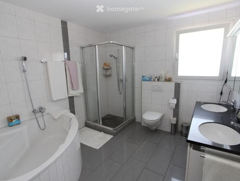 Modern bathroom with a bathtub, walk-in shower, toilet, double sink, and towel rack.