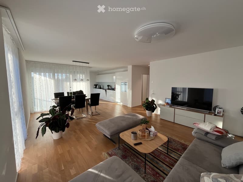 Modern living room with a grey sofa, ottoman, coffee table, dining area with chairs and table, flat-screen TV, and kitchen area with white cabinets and a dishwasher.