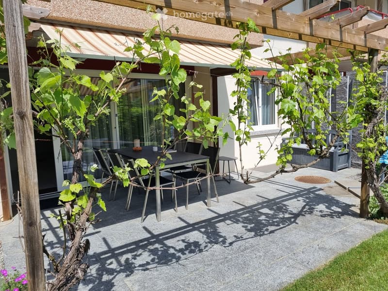 Outdoor patio with a wooden pergola, a dining table with chairs, and small trees with green leaves.