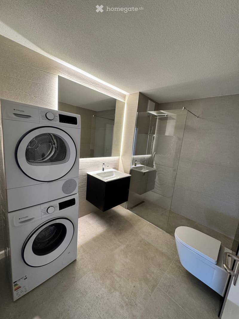 modern bathroom with a glass shower, a sink, a toilet, and a stacked washer and dryer