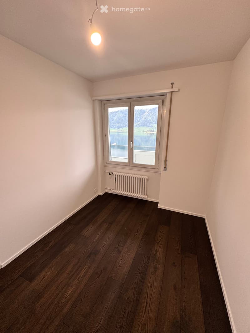 Empty room with dark wooden flooring, white walls, a window with a scenic view, a radiator, and a ceiling light fixture.