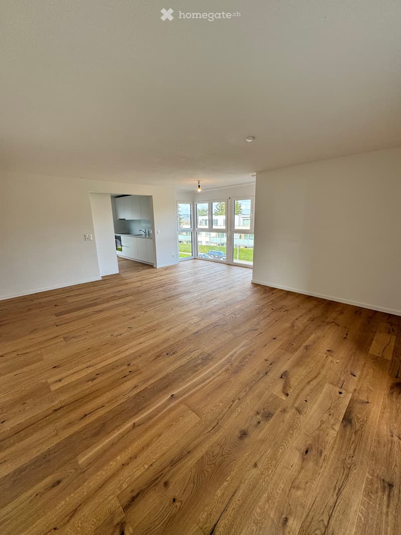 empty room, wooden floor, white walls, large windows, kitchen, view of outside