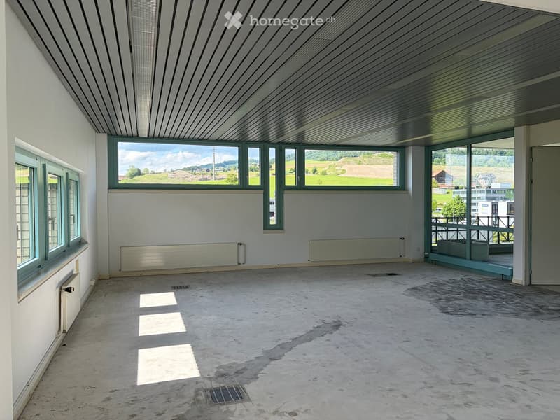 Empty room with concrete floor, white walls, large windows, radiators, and a view of the countryside.