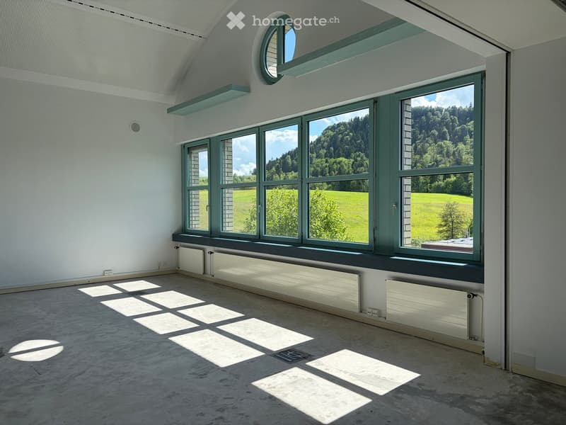 Empty room with large windows, white walls, and concrete floor, featuring natural light and a scenic view of a green landscape.