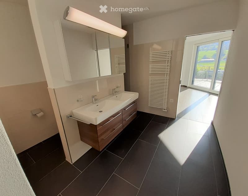 Modern bathroom with dark tiled floor, double sink vanity with wooden cabinets, large mirror, radiator, and a window offering a view of the outdoors.
