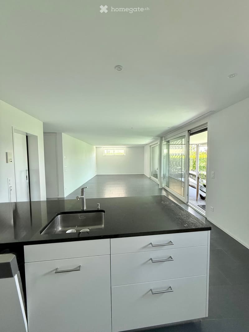 Modern kitchen with white cabinets, black countertop, stainless steel sink, and large windows leading to an outdoor area.