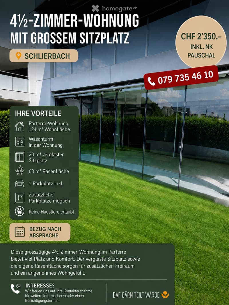 Modern building exterior with large glass windows and a well-maintained lawn in front.