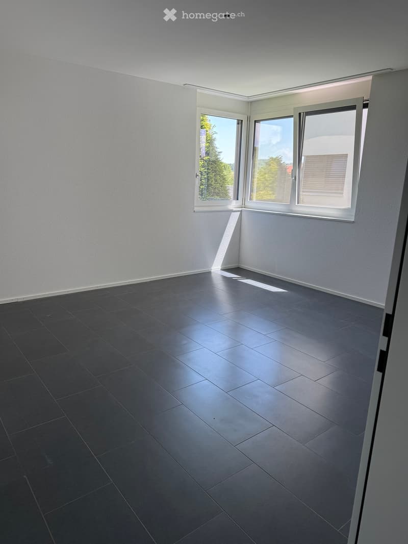 Empty room with dark grey tiled floor and white walls, featuring large windows with white frames and blinds, allowing natural light to enter.