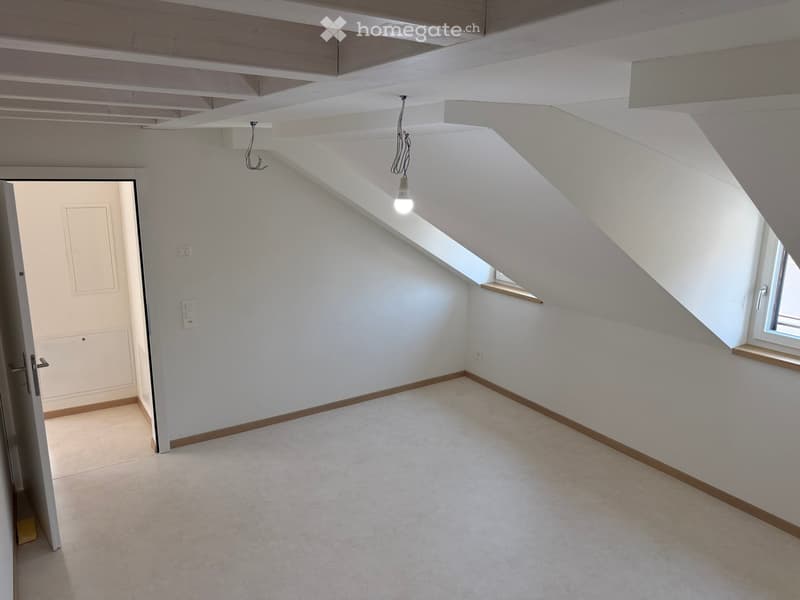 Empty attic room with white walls, wooden trim, carpeted floor, and a skylight window. Exposed wooden beams on the ceiling and a single light fixture.