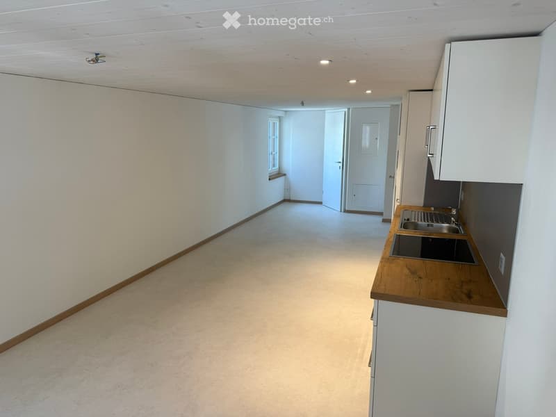 Empty hallway with white walls, light wooden ceiling, and a small kitchen area visible at the end. The kitchen features a wooden countertop, sink, and white cabinets.