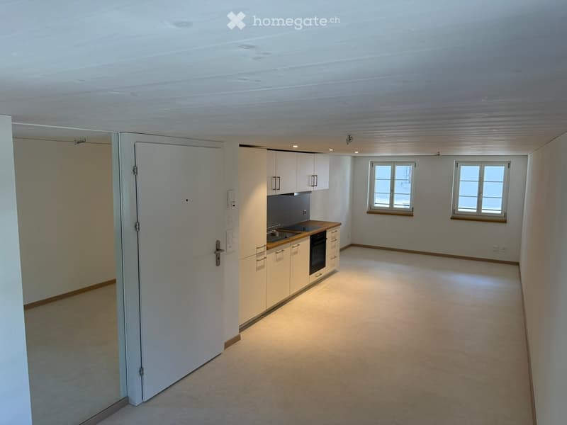 Modern kitchen with white cabinets, a sink, and an oven, featuring two windows and a carpeted floor.