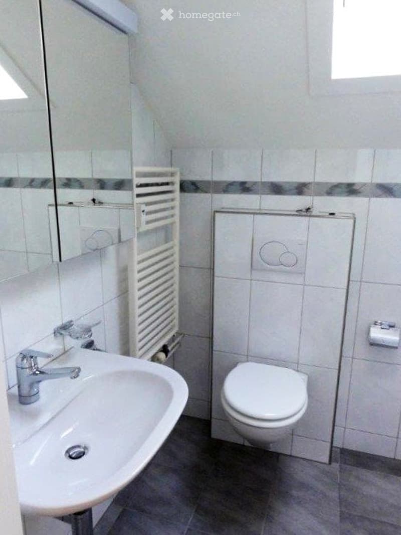 Modern bathroom with white tiles, a sink with a chrome faucet, a mirror, a white toilet, and a towel rack.
