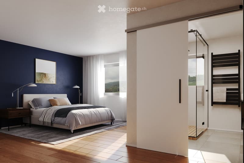 Modern bedroom with a large bed, nightstand, floor lamp, and a view of a bathroom with a glass shower enclosure and towel rack.