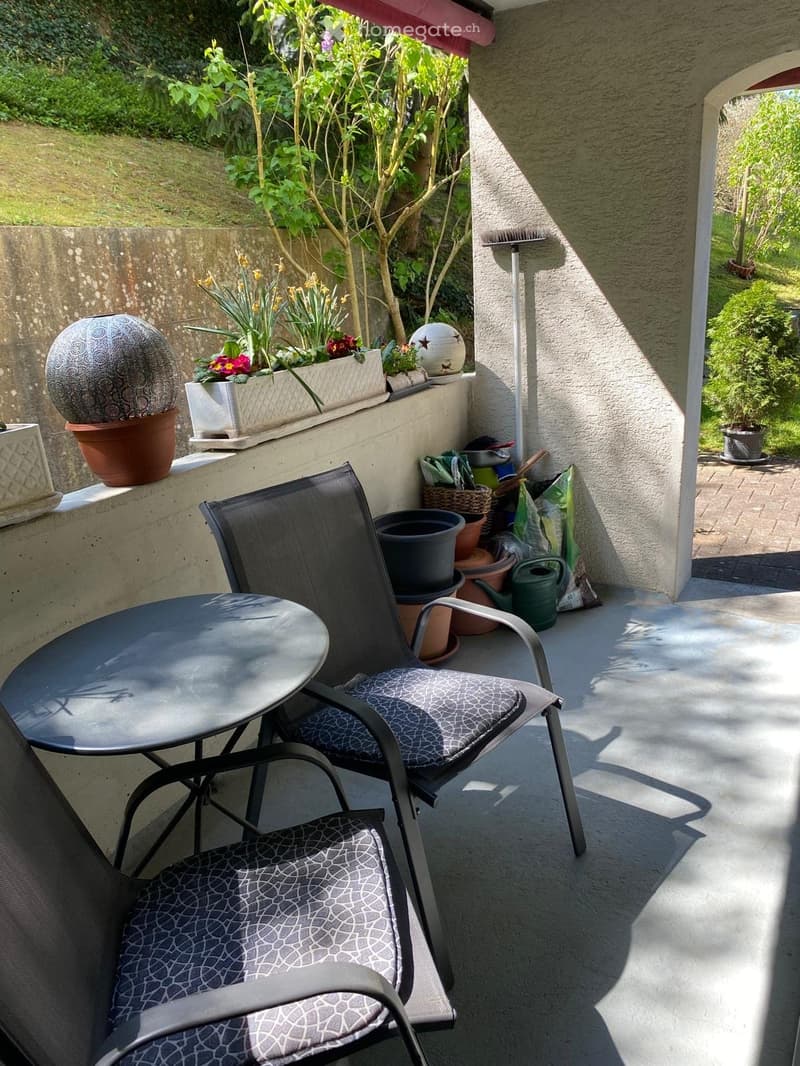 Balcony with table and chairs, potted plants, and gardening tools